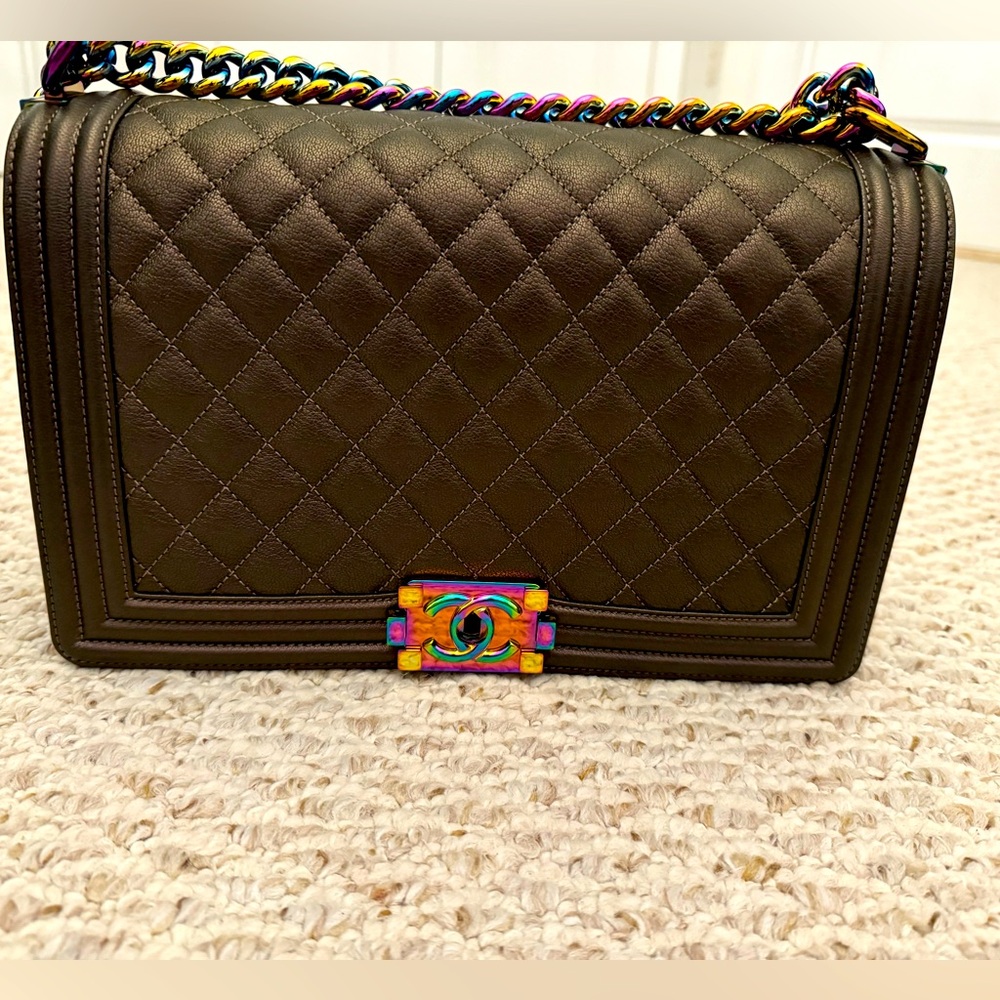 Iridescent Goatskin Quilted New Medium Boy Flap in Bronze